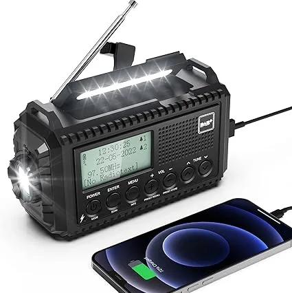 Radio Dab/FM Portable, Solaire Dynamo 5000mAh, Manivelle Solaire, Survie Dab de Solaire Chargeur USB avec Alarme SOS d'urgence, Réveil, Lampe de Poche et Lampe de Lecture